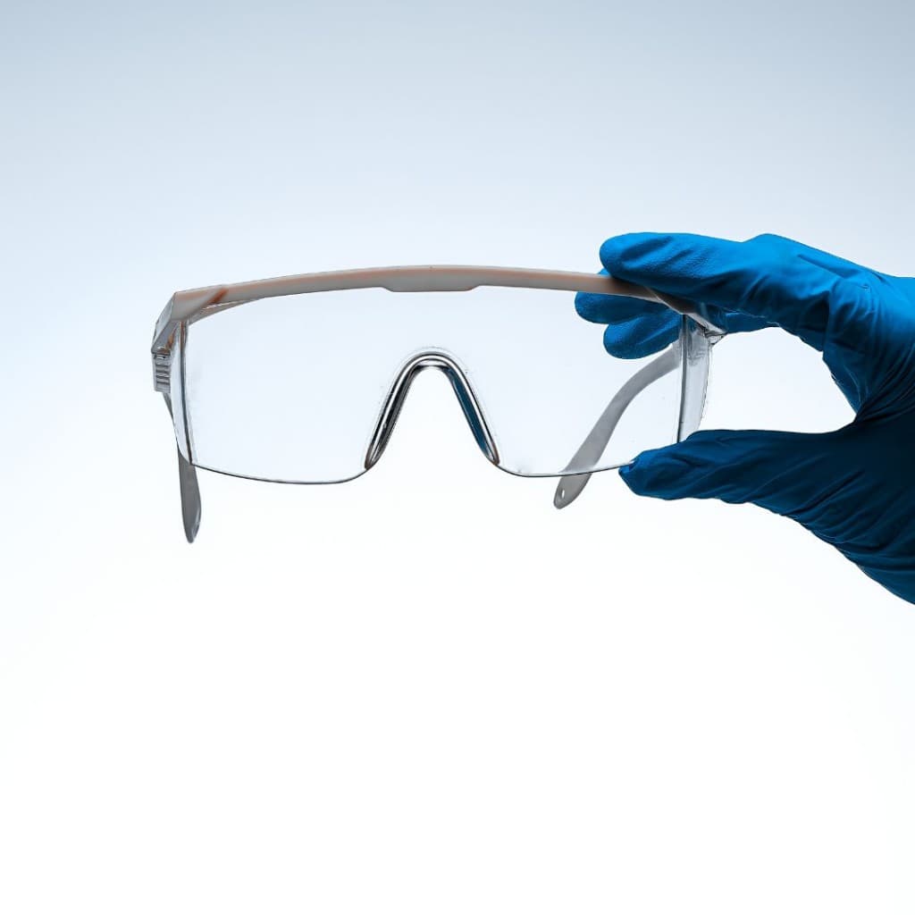 Hand holding a pair of clear ANSI Z87 safety glasses with protective side shields.