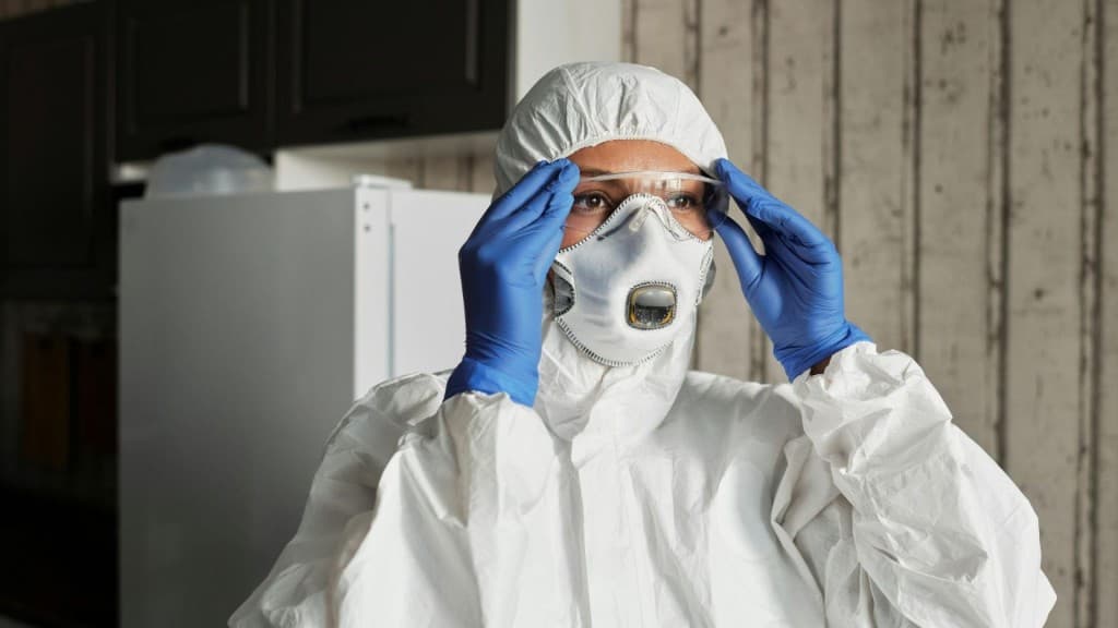 Worker in full protective suit, gloves, mask, and safety glasses preparing for industrial or laboratory work.