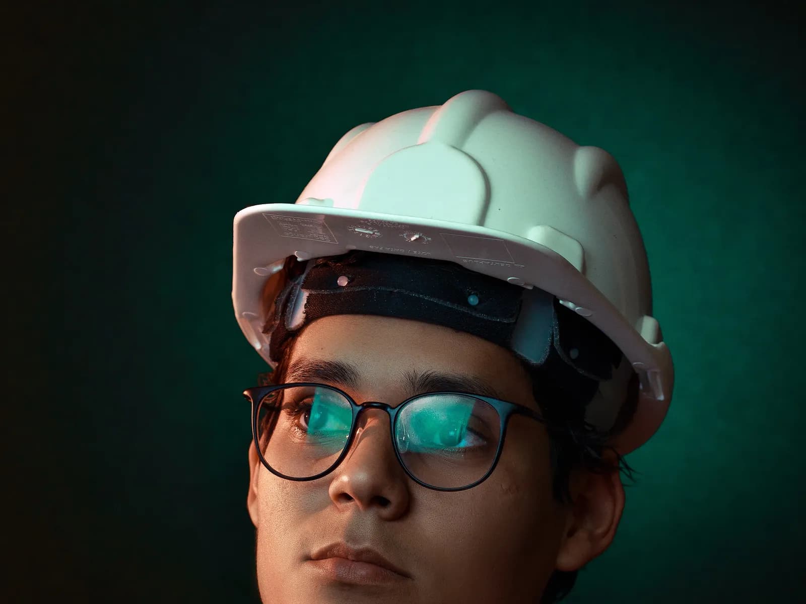 Manufacturing worker in a hard hat and prescription safety glasses