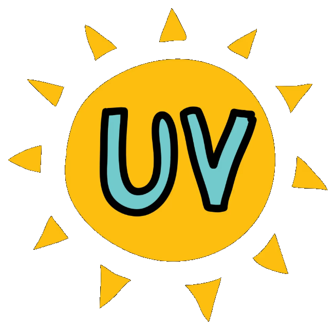 Illustration of a yellow sun with the letters UV in the center, representing ultraviolet light and sun exposure.